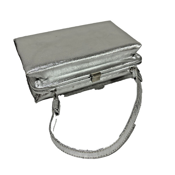 Vintage Silver Metallic Evening Bag Mid Century Top Handle Dressy Event Purse - Picture 10 of 10